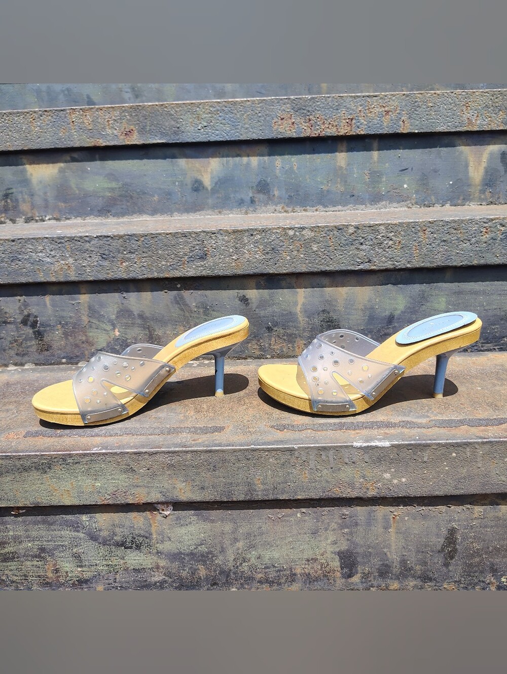 Y2K Vintage Fioni Baby Blue Translucent Sheer Wooden Fairycore Mule Heels 7.5